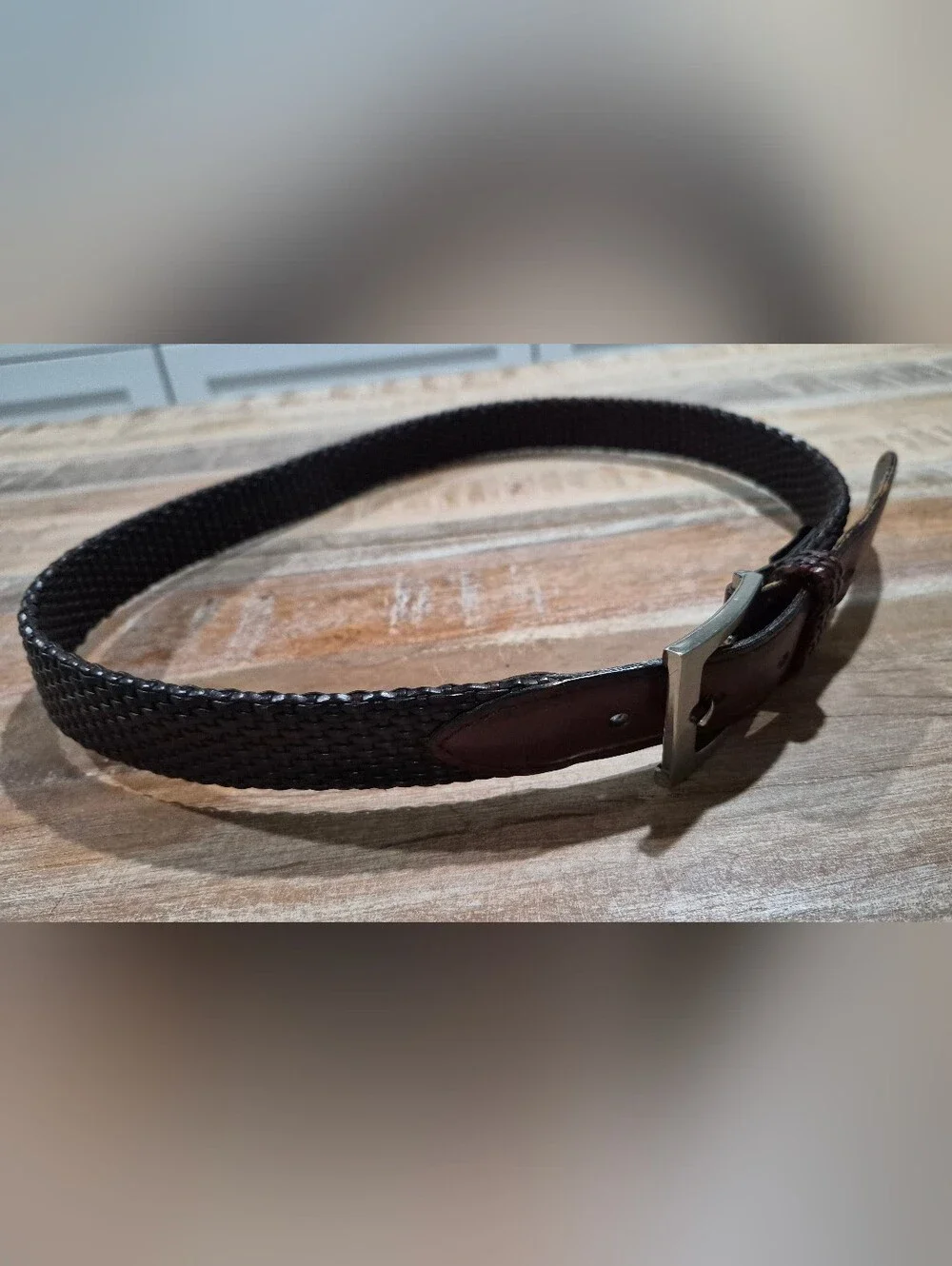 IZOD Men's Braided Woven Belt Black Brown Leather Trim Size 36 / 90